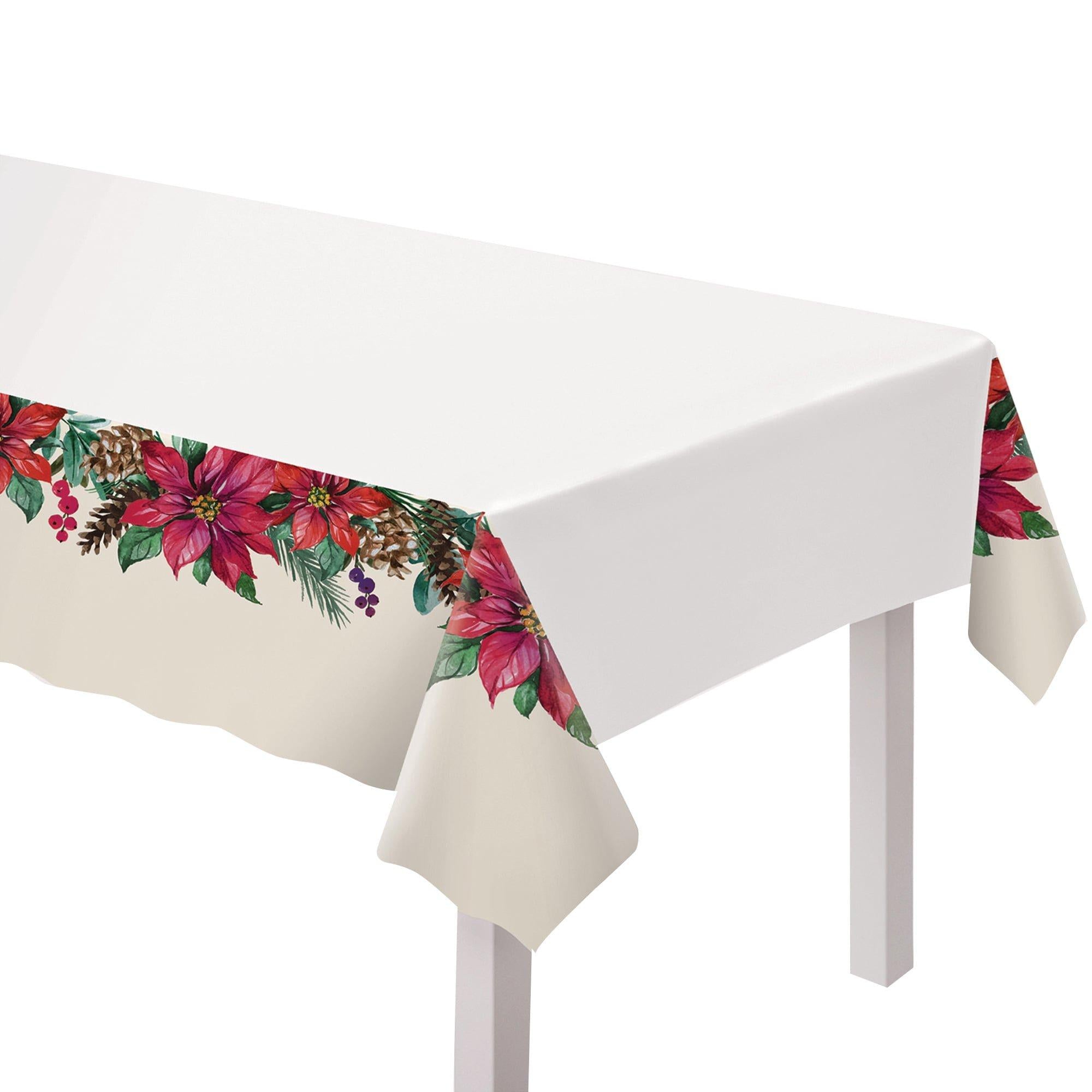 Traditional Poinsettia Plastic Tablecover. 1pc 54 x 102in