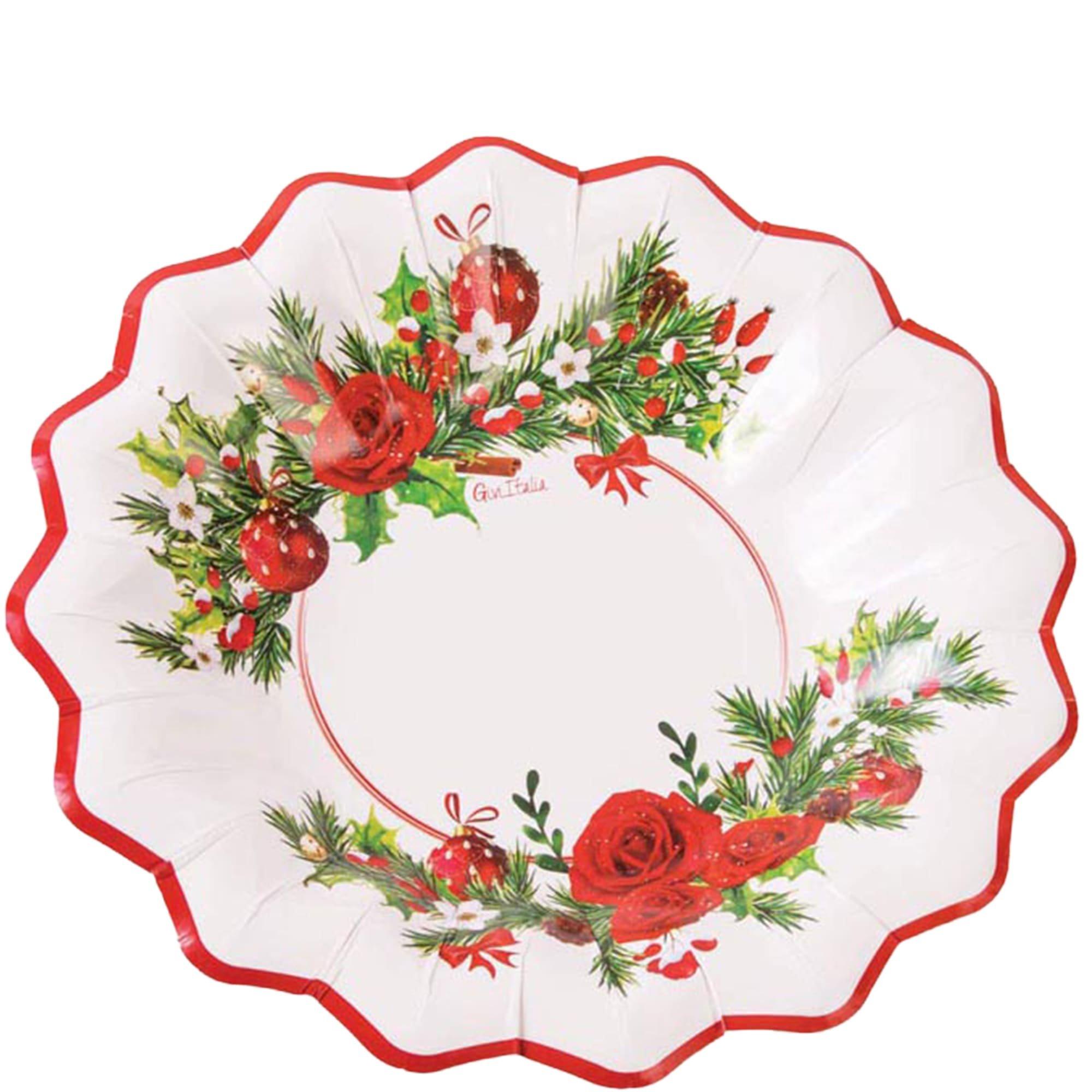 Christmas Floral 9 Shaped Paper Bowls. 8ct – Red Roses. Holly & Ornaments