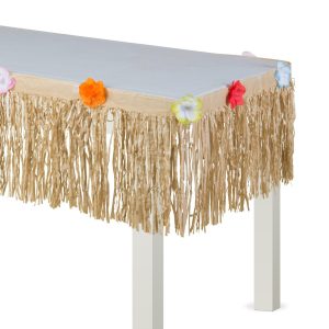 Tan Faux Grass Tissue Paper Fringe Table Skirt with Multicolor Fabric Flowers. 9ft x 15in