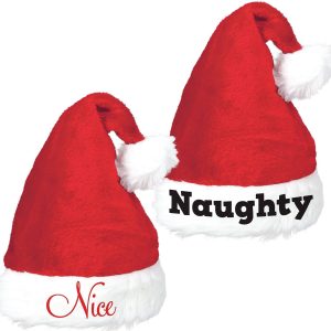 Naughty & Nice Adjustable Santa Hat Set for Kids & Adults. 2pc