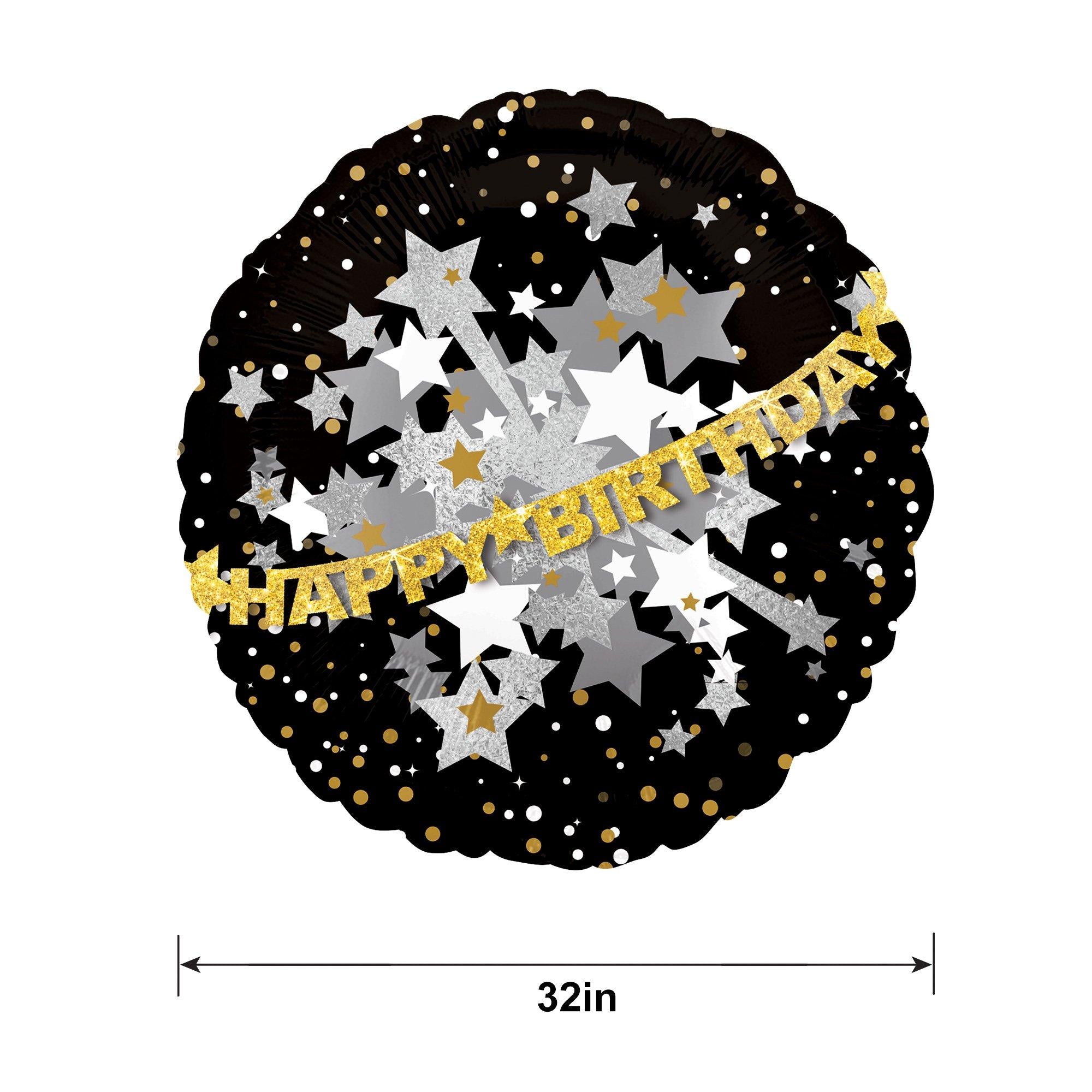 Happy Birthday Balloon - Prismatic Black. Gold & Silver. 32in - Image 2