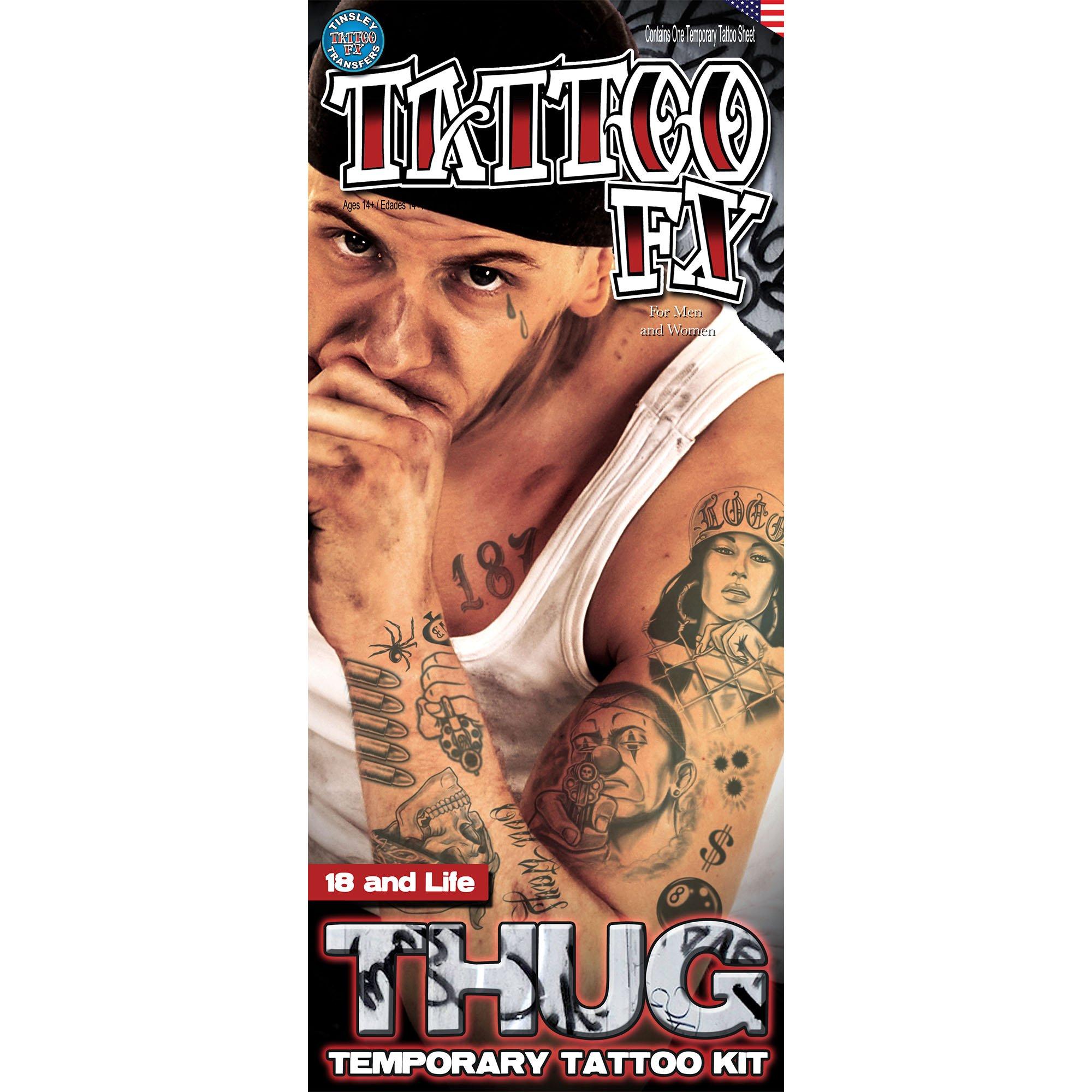 Black & Gray-Style Thug Temporary Tattoos. 12pc
