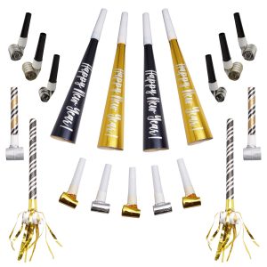 Black. Gold & Silver New Year's Eve Party Horns & Blowouts 50pc