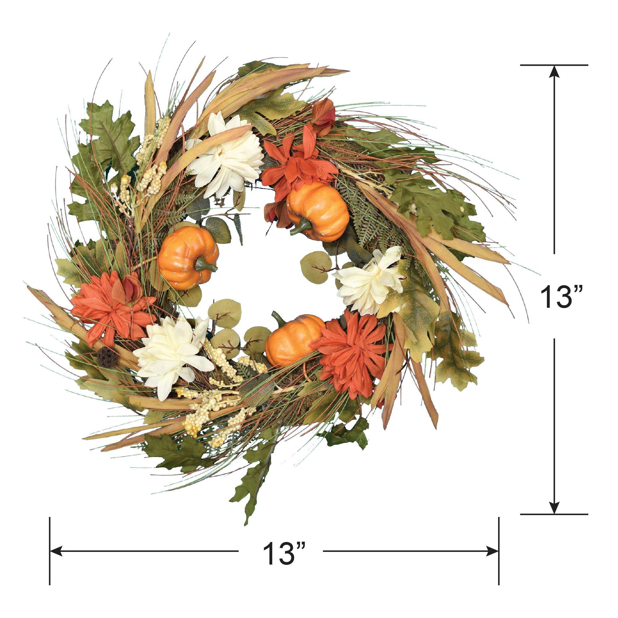 Natural Grass Fall Wreath with Foam Pumpkins & Mums. 18in - Image 2
