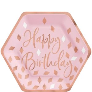 Metallic Blush Birthday Hexagon Dessert Plates. 7in. 8ct