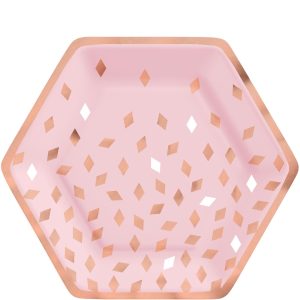 Metallic Blush Birthday Hexagon Lunch Plates. 9in. 8ct