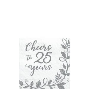 Silver Cheers to 25 Years Anniversary Paper Beverage Napkins. 5in. 16ct