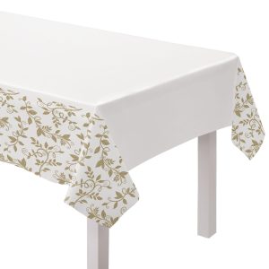 Gold & White 50th Anniversary Plastic Table Cover. 54in x 102in