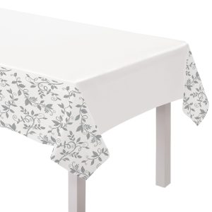 Silver & White 25th Anniversary Plastic Table Cover. 54in x 102in