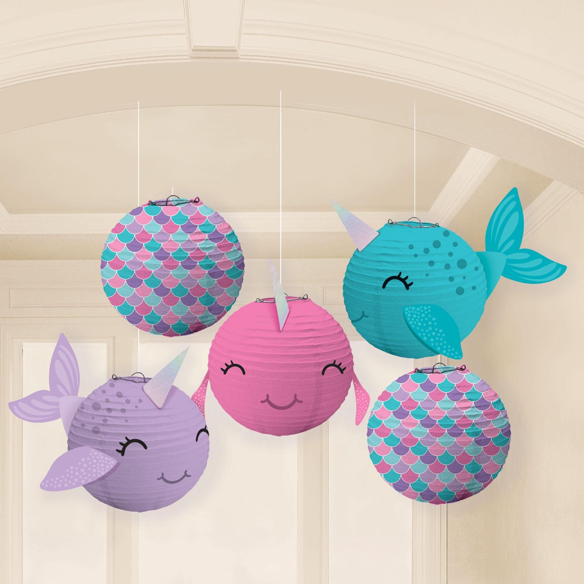 Mini Shimmering Mermaids Narwhal Paper Lanterns. 5in. 5ct