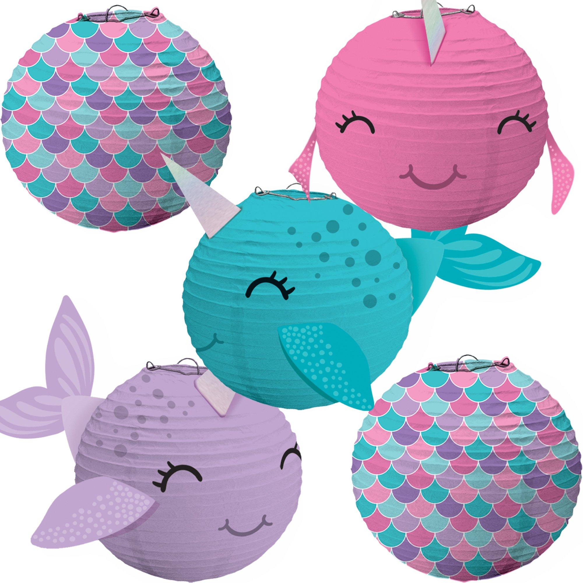 Mini Shimmering Mermaids Narwhal Paper Lanterns. 5in. 5ct - Image 3