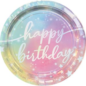 Iridescent Luminous Rainbow Birthday Paper Lunch Plates. 9in. 8ct
