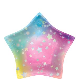 Iridescent Luminous Rainbow Star Paper Dessert Plates. 8.5in. 8ct