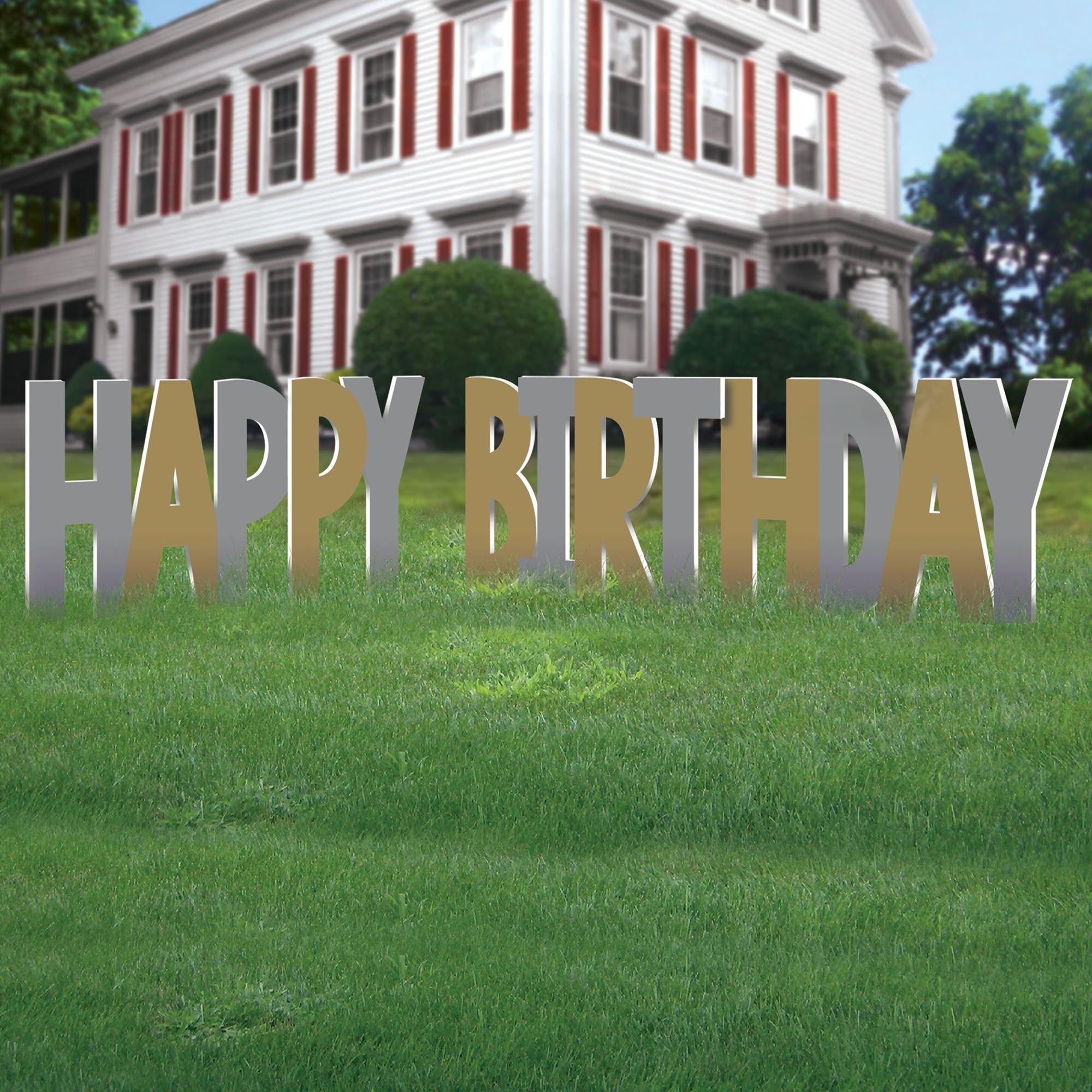 Metallic Gold & Silver Happy Birthday Yard Sign Kit. 4pc