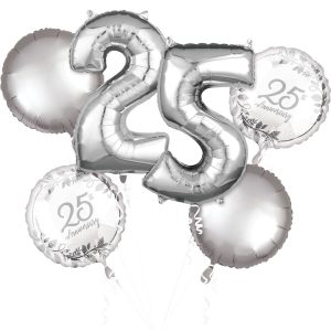 Silver 25th Anniversary Foil Balloon Bouquet. 5pc