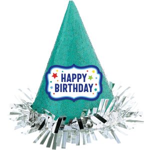 Glitter Green Birthday Cardstock & Tinsel Party Hat. 6.25in x 8.25in