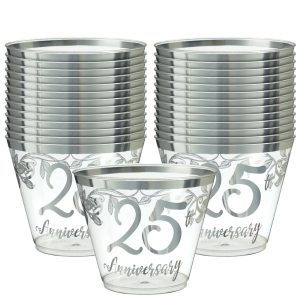 Metallic Silver 25th Anniversary Plastic Tumbler Cups. 9oz. 30ct
