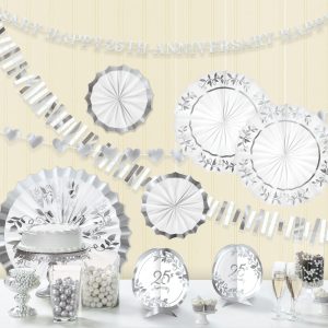 Metallic Silver & White 25th Anniversary Room Decorating Kit. 10pc