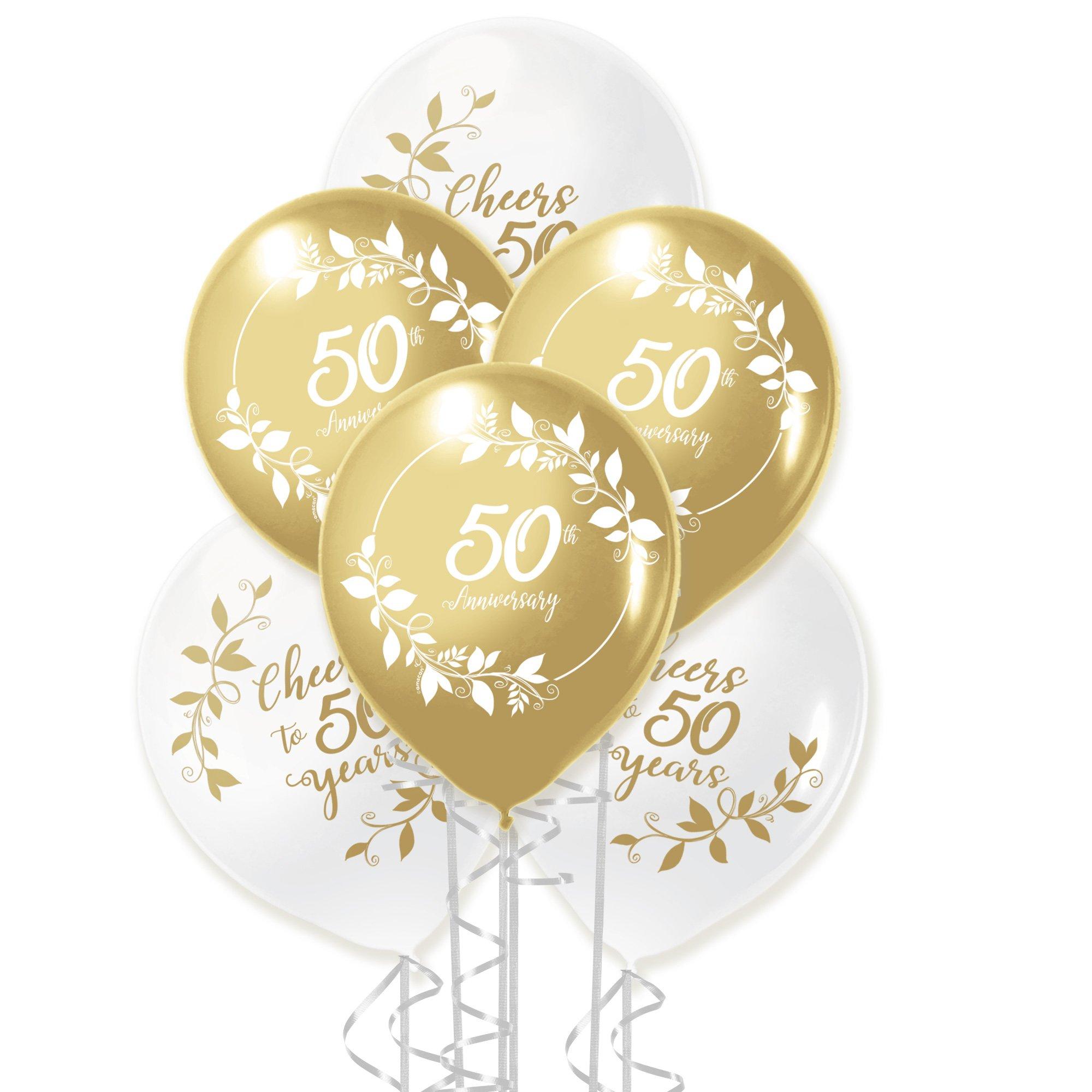 Gold & White 50th Anniversary Latex Balloons. 12in. 15ct