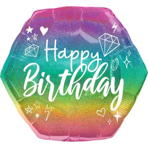 Prismatic Sparkle Happy Birthday Hexagonal Foil Balloon. 23in x 22in