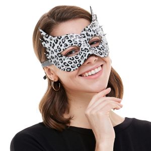 Leopard Print Studded Faux Leather Masquerade Mask