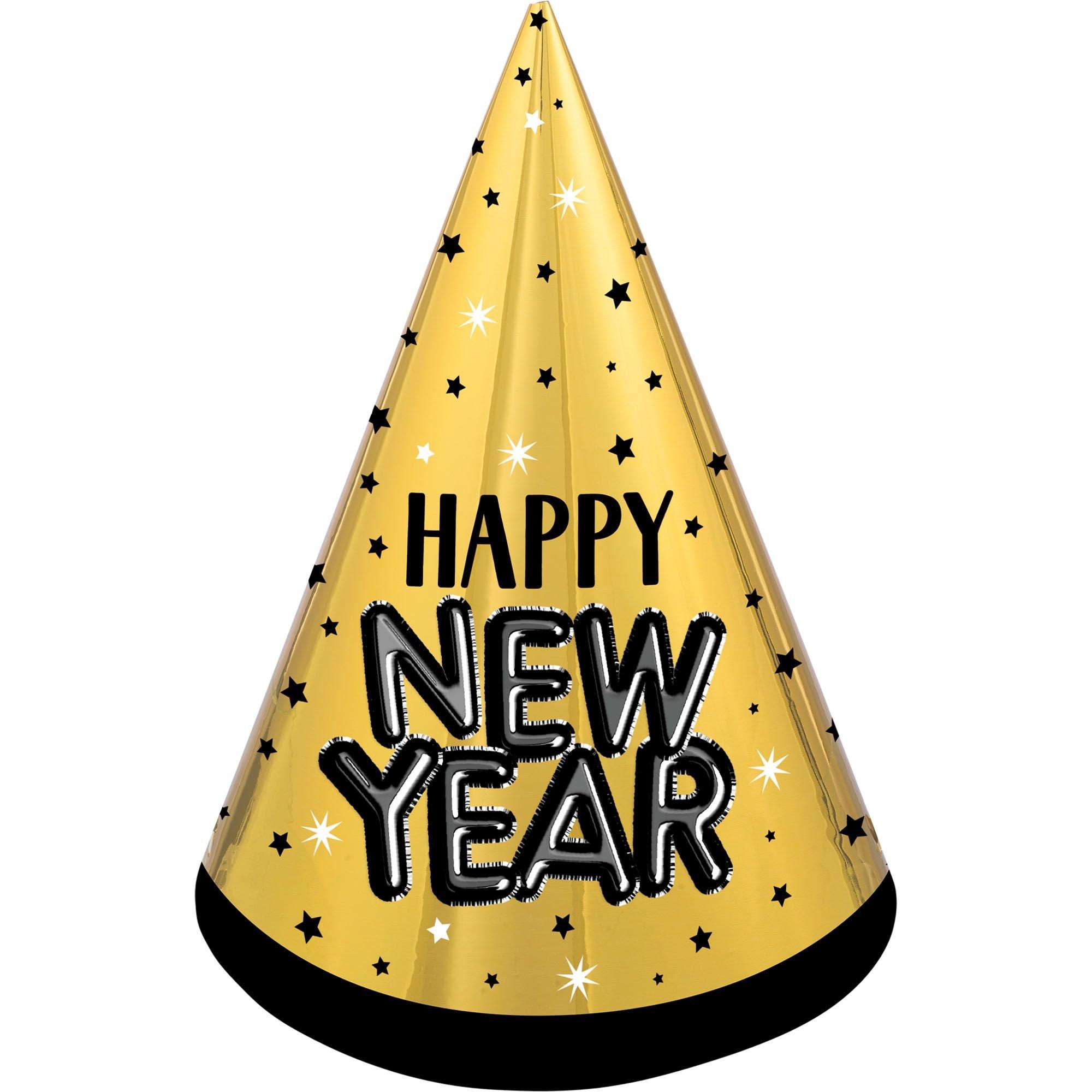 Black. Gold & Silver Happy New Year Cardstock Party Hat. 9in