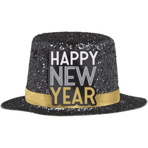 Glitter Black New Year's Mini Plastic & Cardstock Top Hat. 2in