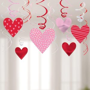 Metallic Pink & Red Patterned Heart Cardstock & Foil Swirl Decorations. 12ct