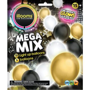 15ct. 12in. Illooms Light-Up Black. Silver & Gold LED Balloons