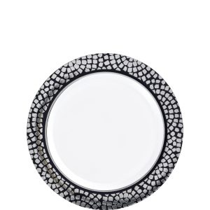 White With Silver Mosaic Rim Premium Plastic Dessert Plates. 7.5in. 20ct