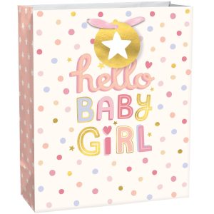 Medium Hello Baby Girl Paper Gift Bag. 10.5in x 13in