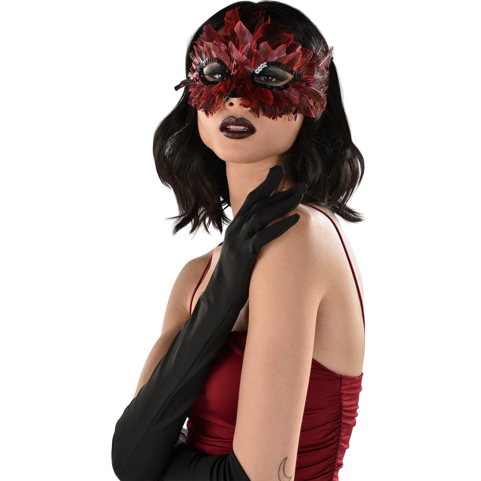 Adult Red & Black Ombre Feather Masquerade Mask - Image 3