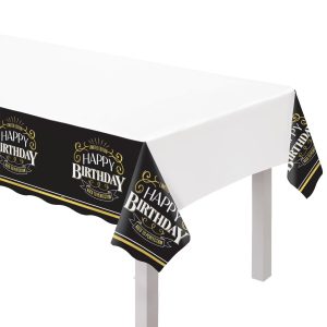 Black & Gold Happy Birthday Plastic Table Cover. 54in x 102in - Better With Age