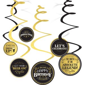 Black & Gold Better With Age Birthday Cardstock Swirl Decorations. 12ct