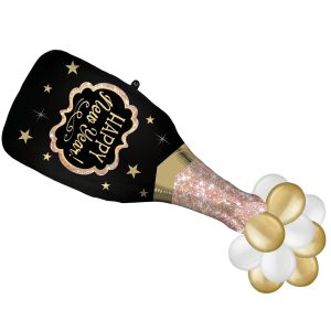 Happy New Year Bottle-Shaped Foil Balloon with Latex Bubbles. 16in x 47in - New Year Bubbly
