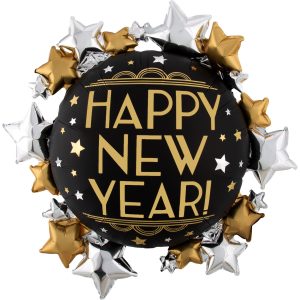 Satin Happy New Year Star Cluster Balloon. 30in - Vintage New Year