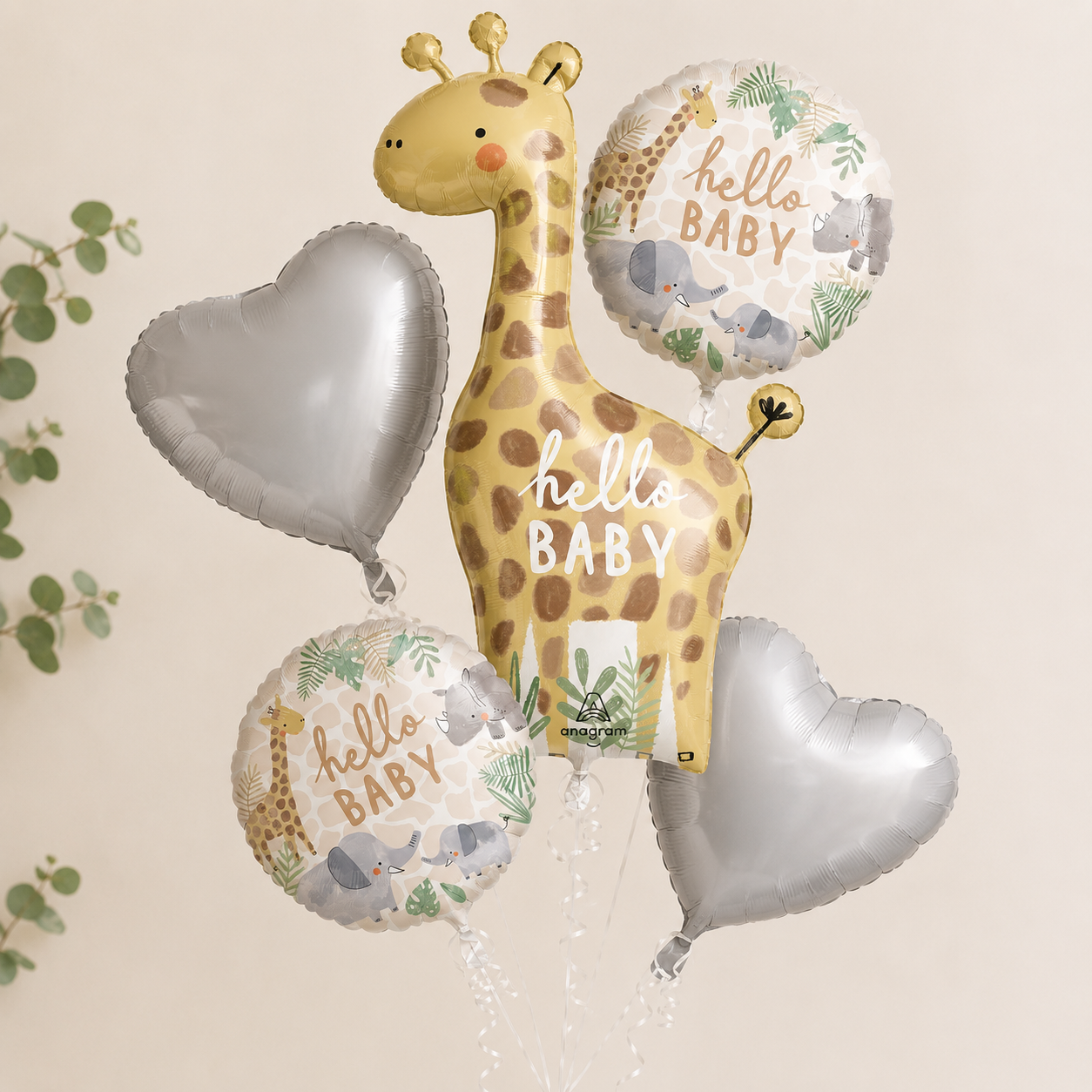 Soft Jungle Baby Shower Foil Balloon Bouquet. 5pc