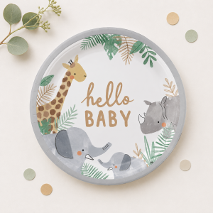 Hello Baby Soft Jungle Baby Shower Paper Dinner Plates. 10.5in. 8ct