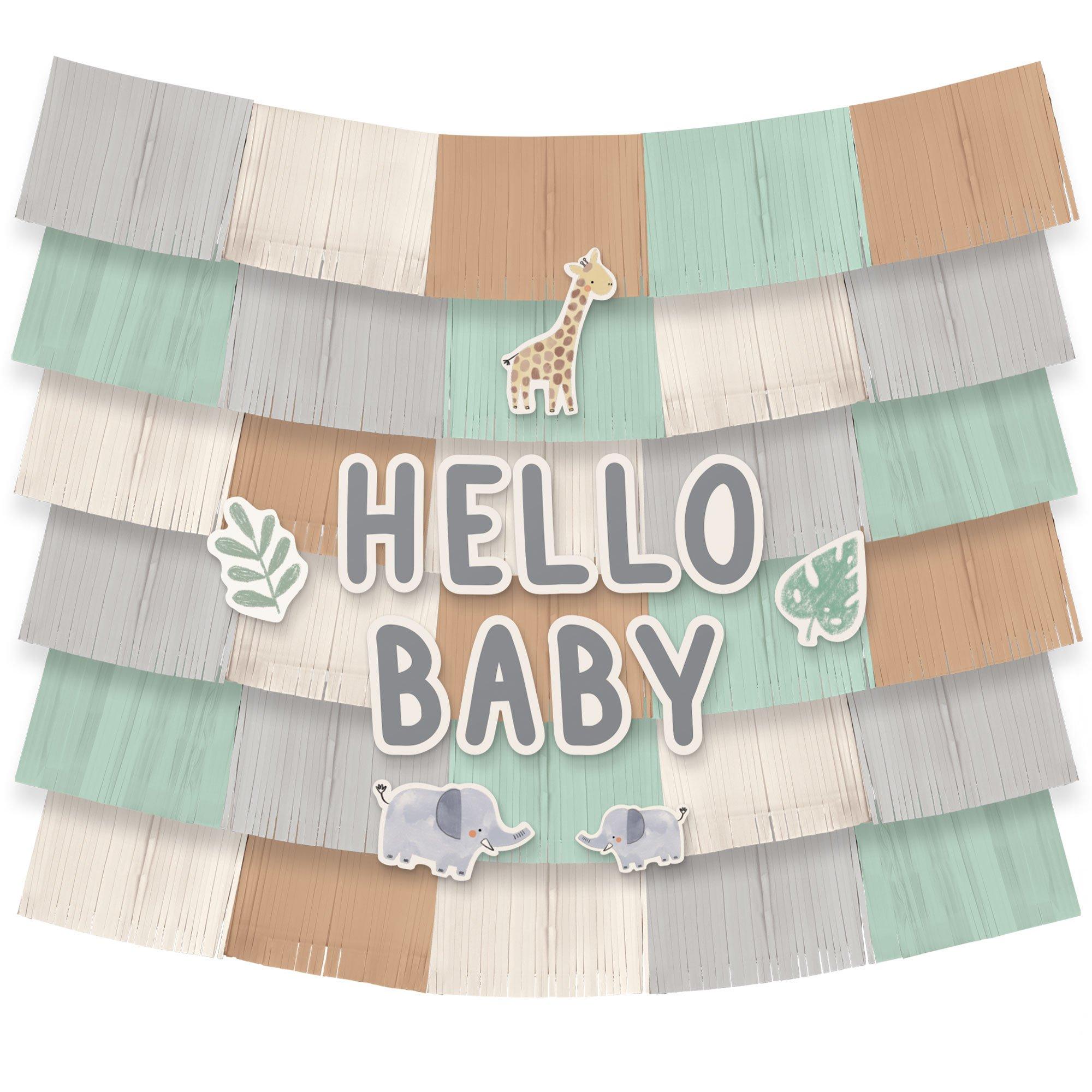 Hello Baby Soft Jungle Baby Shower Fringe Banner Backdrop with Cutouts. 5ft x 4.8ft - Image 2