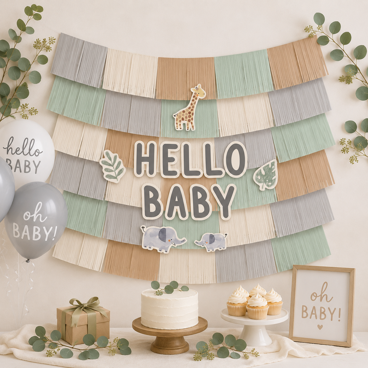 Hello Baby Soft Jungle Baby Shower Fringe Banner Backdrop with Cutouts. 5ft x 4.8ft