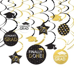Black. Silver. & Gold Congrats Grad Cardstock Swirl Decorations. 30pc