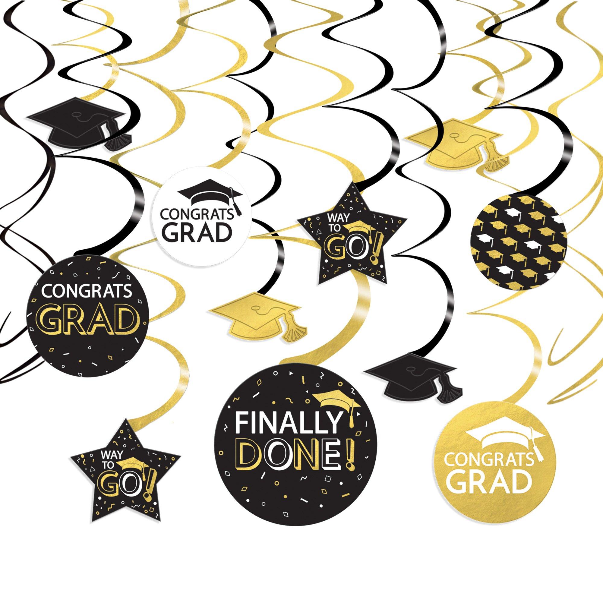 Black. Silver. & Gold Congrats Grad Cardstock Swirl Decorations. 30pc