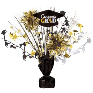 Black. Silver. & Gold Congrats Grad Tinsel Burst Spray Centerpiece. 9in