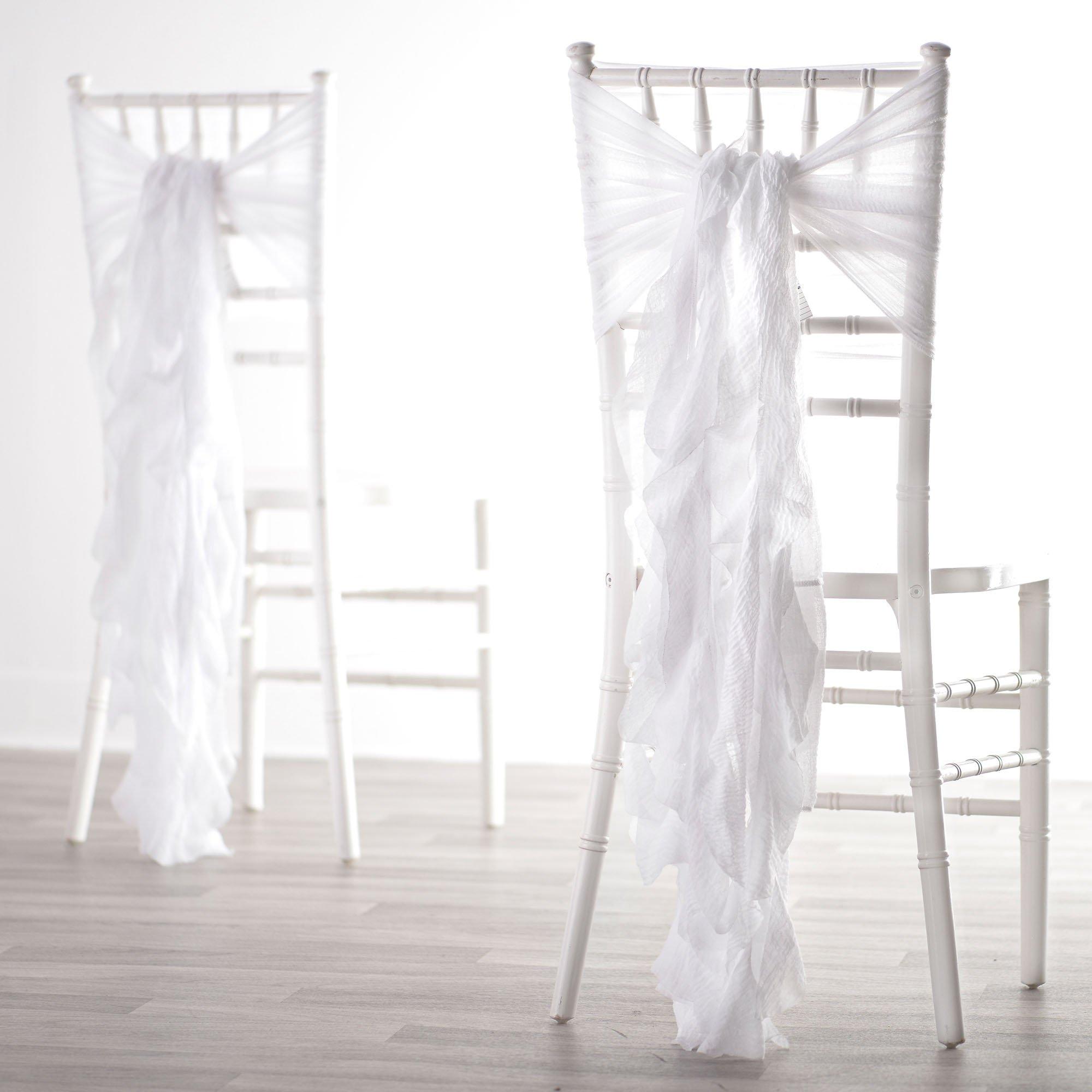 White Gauze Wedding Ruffle Chair Sashes. 19ft. 2ct