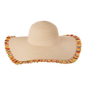 Boho Fringe Wide-Brim Floppy Straw Hat for Adults. One Size
