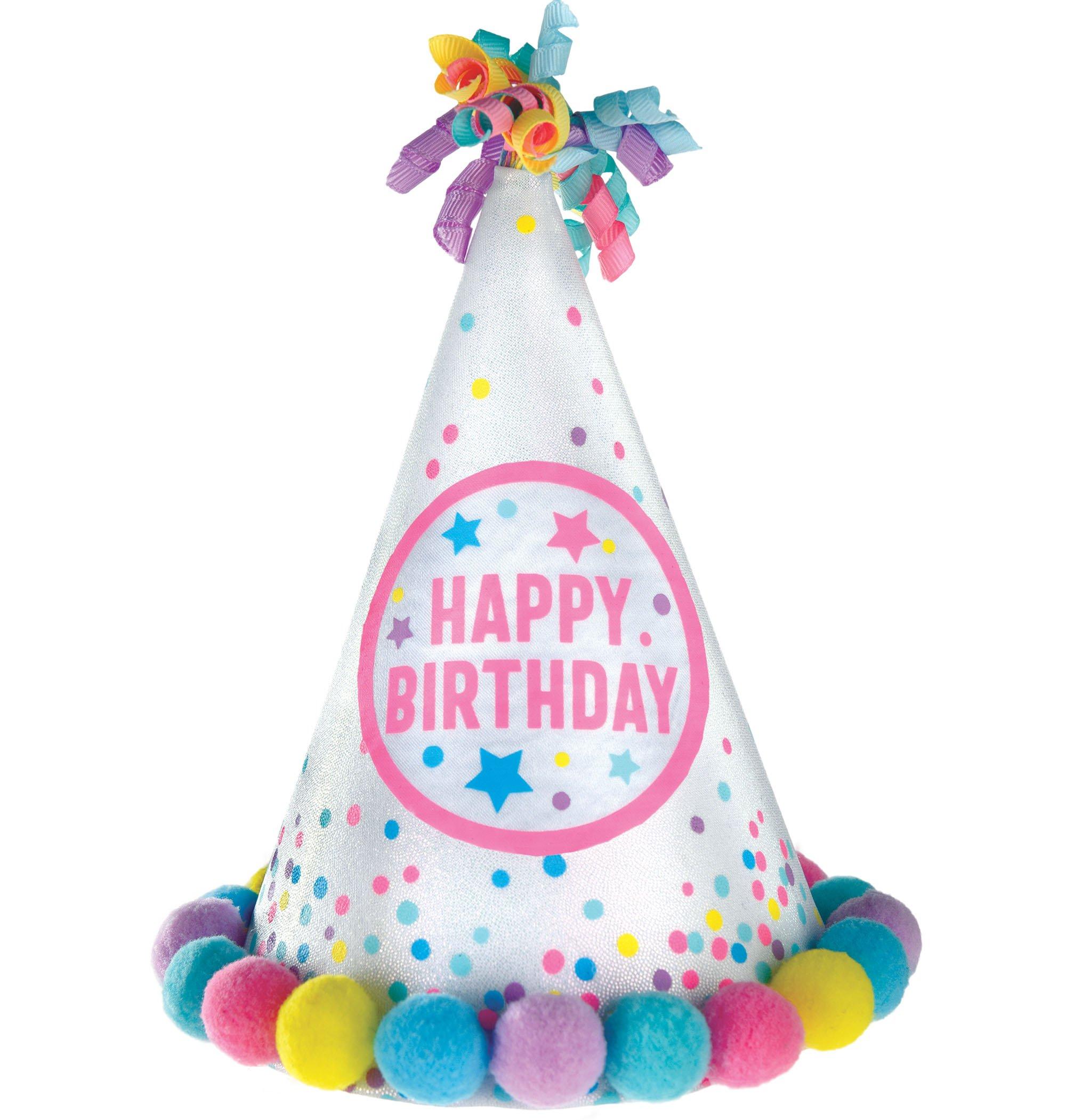 Iridescent Pastel Party Happy Birthday Pom-Pom Party Hat. 8.25in