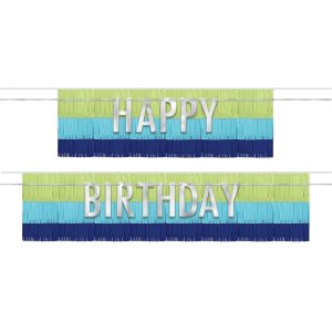 Blue & Green Happy Birthday Fringe Banner Set. 4pc - Modern Birthday