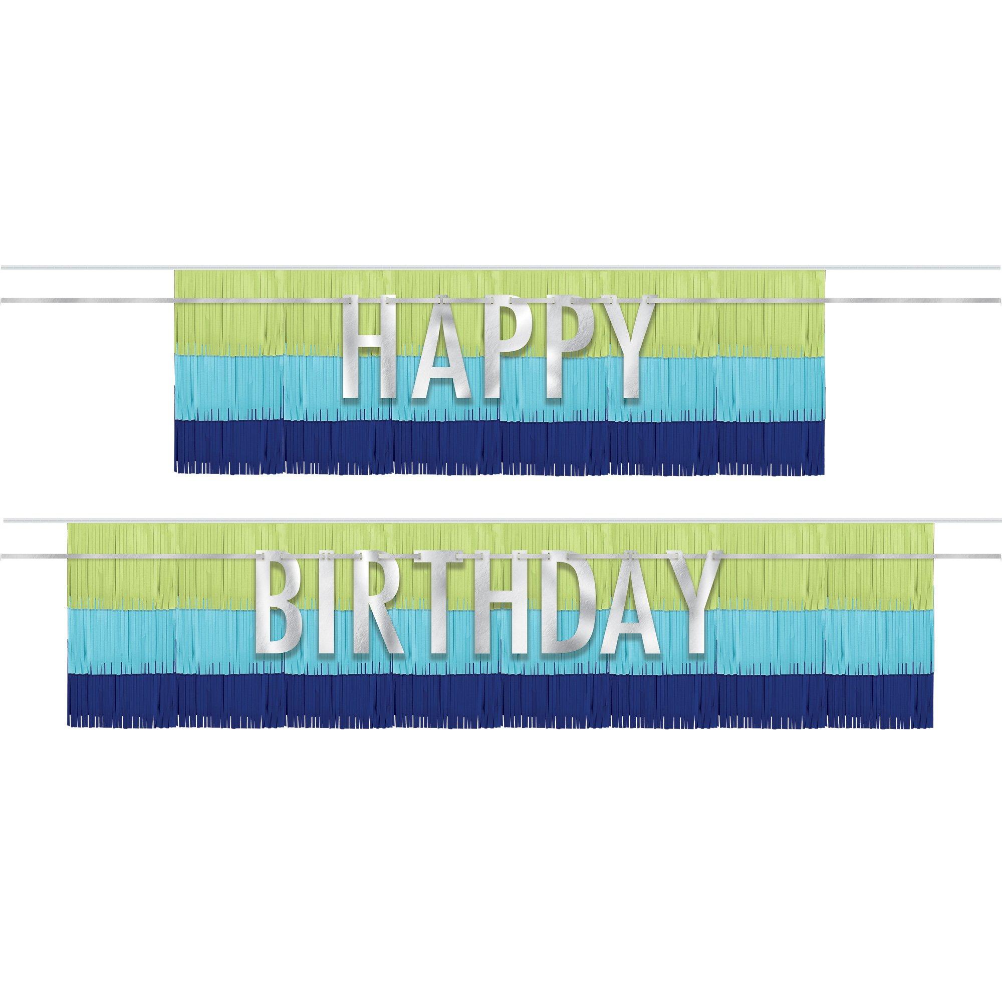 Blue & Green Happy Birthday Fringe Banner Set. 4pc - Modern Birthday