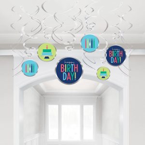 Modern Birthday Cardstock & Plastic Swirl Decorations. 12ct