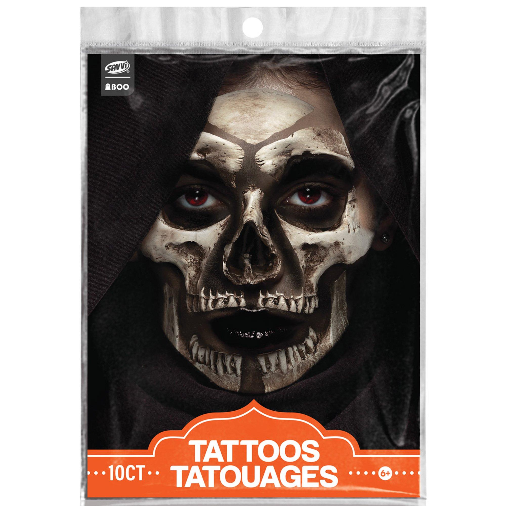 Full Face Skull Temporary Tattoo Set. 10pc